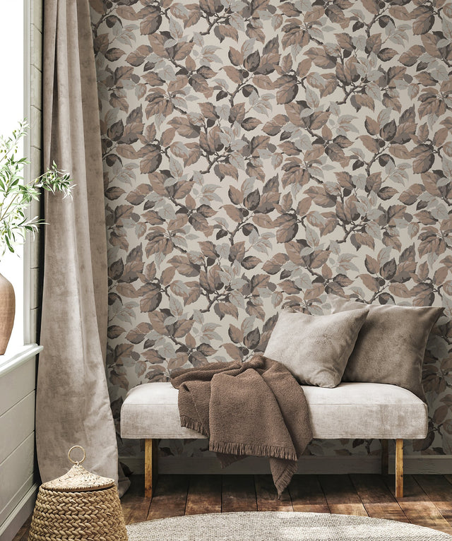 Canopy Beige Leaf Wallpaper with Traditional Botanical Leaves, Textured Non Woven Unpasted - Advantage 4164-M1806