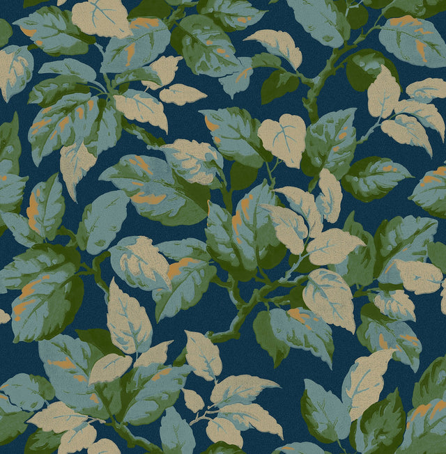 Canopy Navy Leaf Wallpaper with Textured Botanical Leaf Pattern - Advantage 4164-M1807