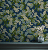 Canopy Navy Leaf Wallpaper with Textured Botanical Leaf Pattern - Advantage 4164-M1807