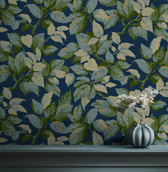 Canopy Navy Leaf Wallpaper with Textured Botanical Leaf Pattern - Advantage 4164-M1807