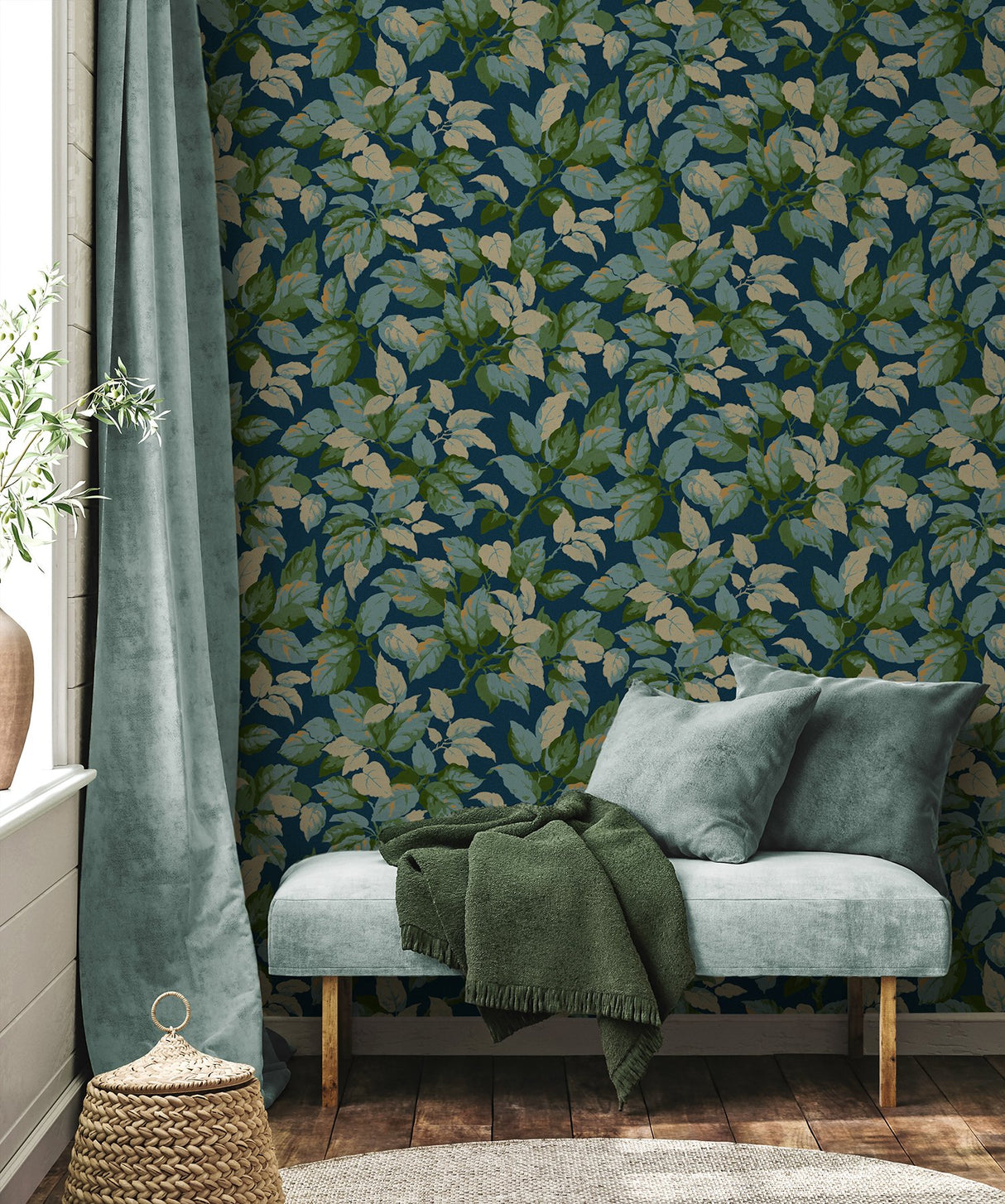 Canopy Navy Leaf Wallpaper with Textured Botanical Leaf Pattern - Advantage 4164-M1807