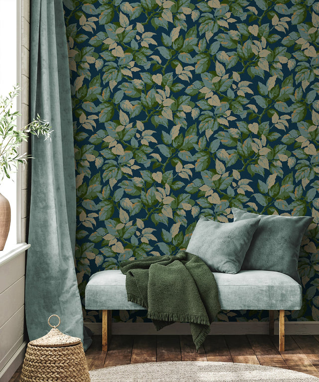 Canopy Navy Leaf Wallpaper with Textured Botanical Leaf Pattern - Advantage 4164-M1807