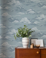 Cumulus Blue Clouds Wallpaper with Whimsical Graphic Cloud Pattern - Advantage 4164-M1808