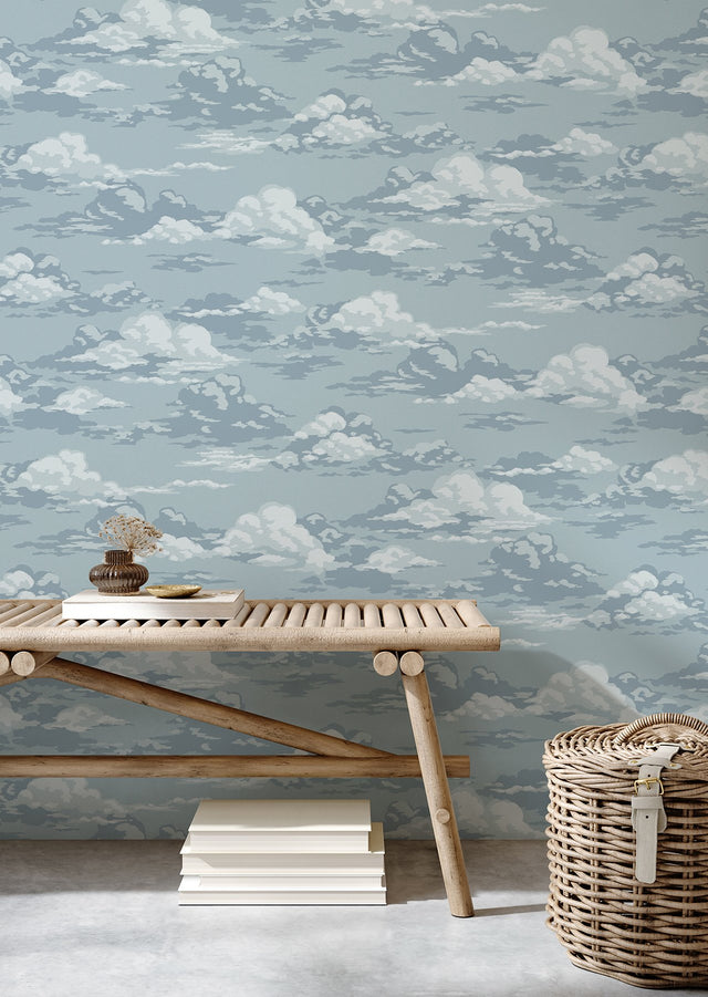 Cumulus Blue Clouds Wallpaper with Whimsical Graphic Cloud Pattern - Advantage 4164-M1808