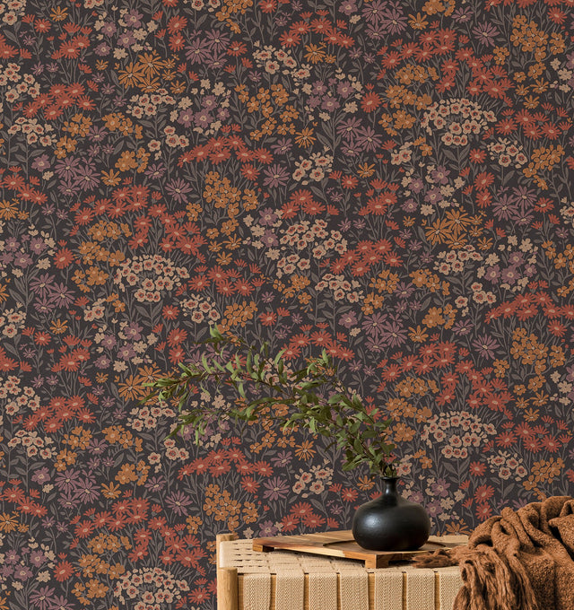 Ditsy Orange Daisies Wallpaper with Textured Bohemian Floral Pattern - Advantage 4164-M1812