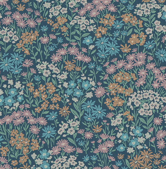 Ditsy Dark Blue Daisies Wallpaper with Bohemian Botanical Floral Pattern - Advantage 4164-M1813