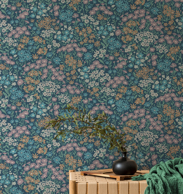 Ditsy Dark Blue Daisies Wallpaper with Bohemian Botanical Floral Pattern - Advantage 4164-M1813