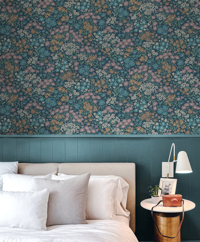 Ditsy Dark Blue Daisies Wallpaper with Bohemian Botanical Floral Pattern - Advantage 4164-M1813