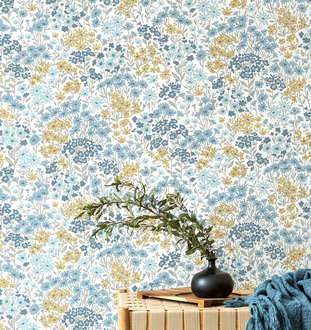 Ditsy Light Blue Daisies Wallpaper with Bohemian Botanical Floral Pattern - Advantage 4164-M1814
