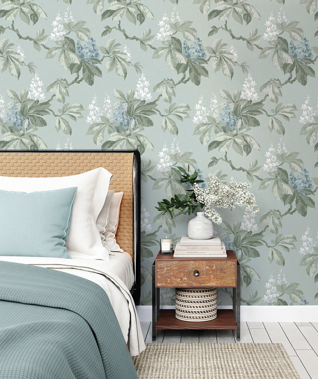 Chestnut Blue Floral Wallpaper with Botanical Flowers Pattern, Farmhouse Style - Advantage 4164-M1819