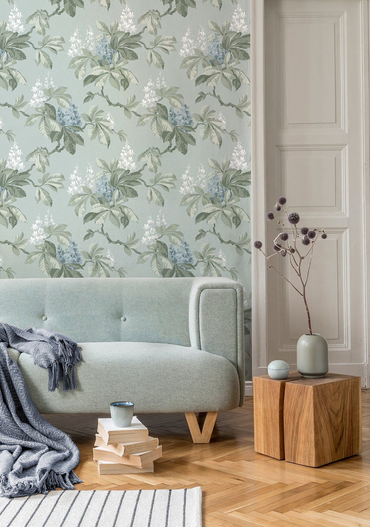 Chestnut Blue Floral Wallpaper with Botanical Flowers Pattern, Farmhouse Style - Advantage 4164-M1819
