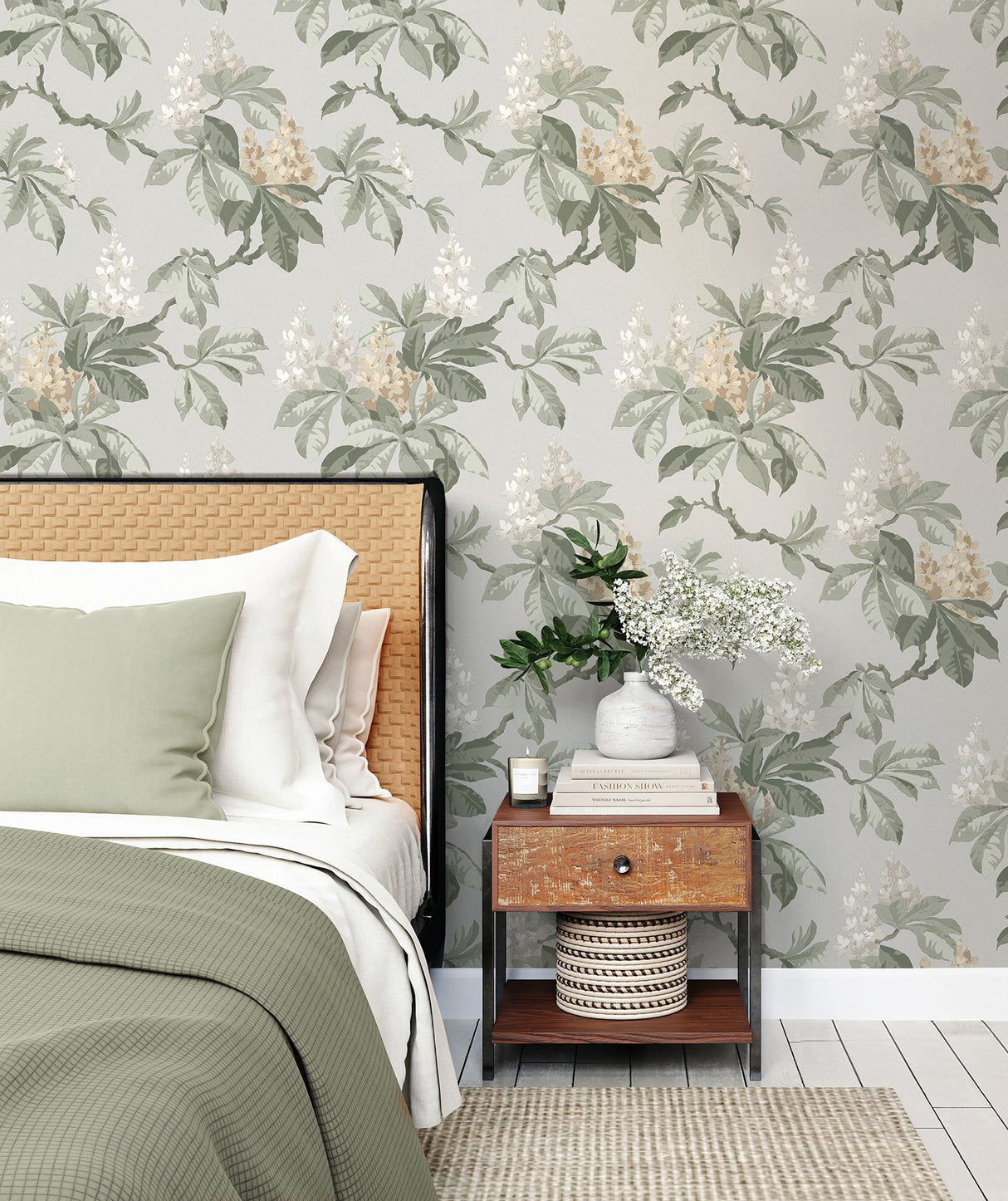 Chestnut Grey Floral Wallpaper with Botanical Flowers Motif, Farmhouse Style - Advantage 4164-M1821