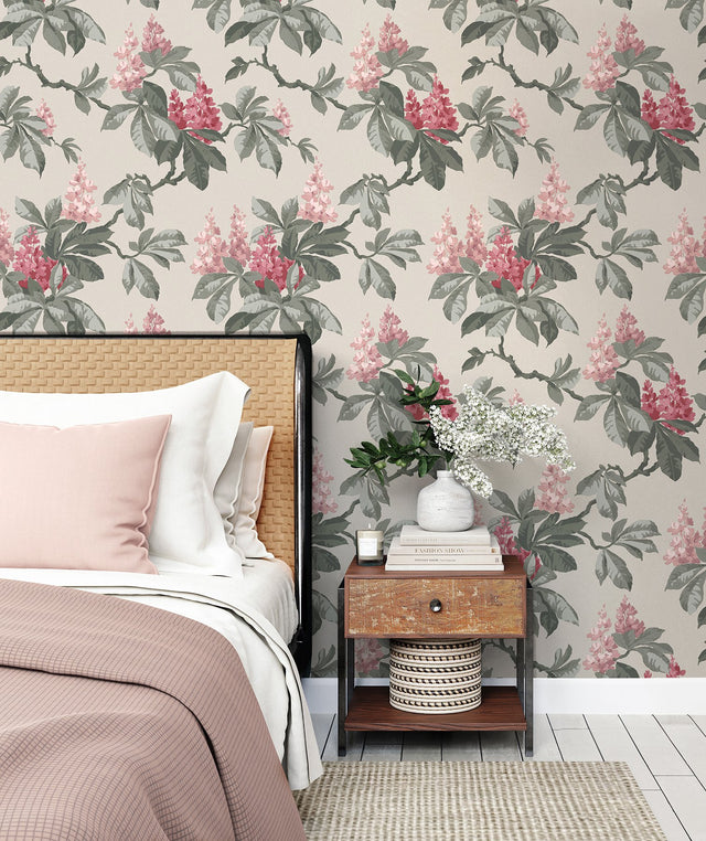 Chestnut Pink Floral Wallpaper with Botanical Flowers Motif, Farmhouse Style - Advantage 4164-M1822