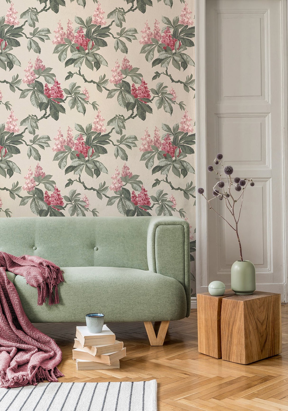 Chestnut Pink Floral Wallpaper with Botanical Flowers Motif, Farmhouse Style - Advantage 4164-M1822