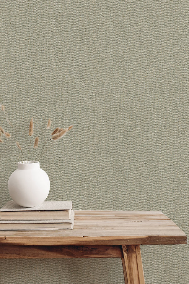 Herringbone Green Tweed Wallpaper with Textured Non Woven Fabric Look - Advantage 4164-M1823