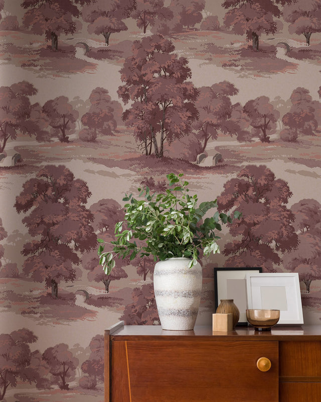 Sherwood Merlot Glade Wallpaper with Traditional Botanical Trees Motif - Advantage 4164-M1828