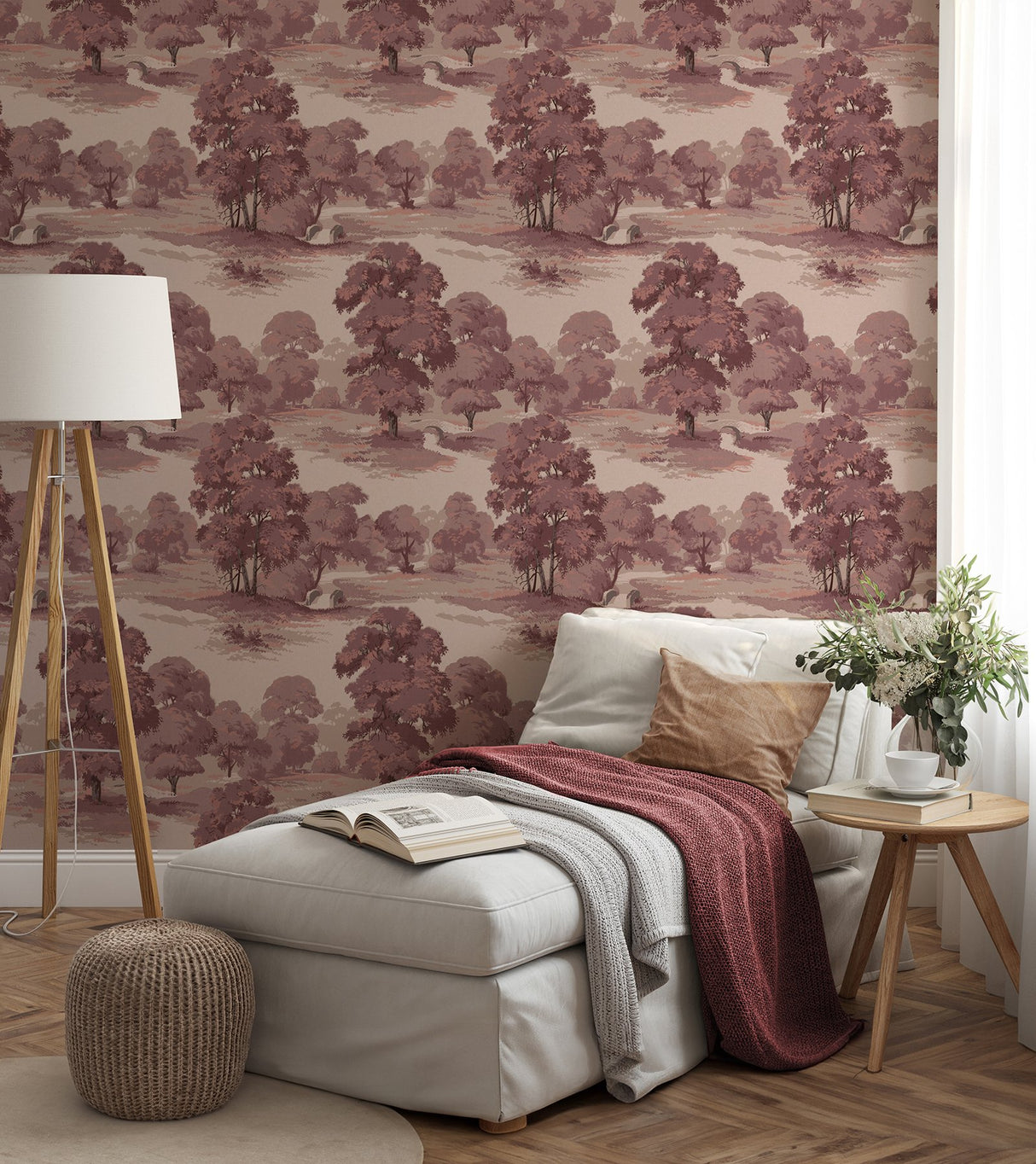 Sherwood Merlot Glade Wallpaper with Traditional Botanical Trees Motif - Advantage 4164-M1828
