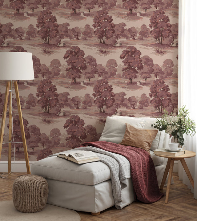 Sherwood Merlot Glade Wallpaper with Traditional Botanical Trees Motif - Advantage 4164-M1828