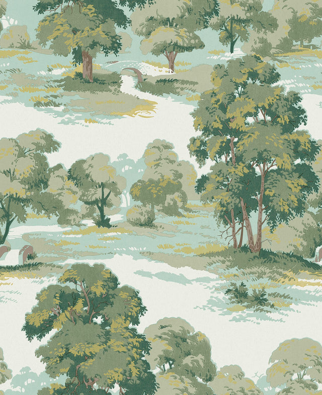 Sherwood Green Glade Wallpaper with Traditional Botanical Trees Motif - 4164-M1829