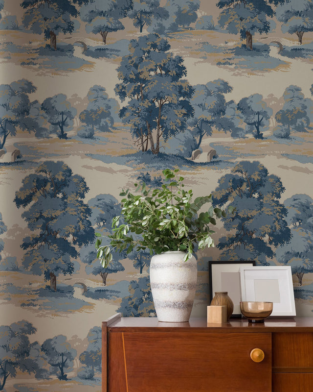 Sherwood Blue Glade Wallpaper with Traditional Botanical Trees Pattern - Advantage 4164-M1830