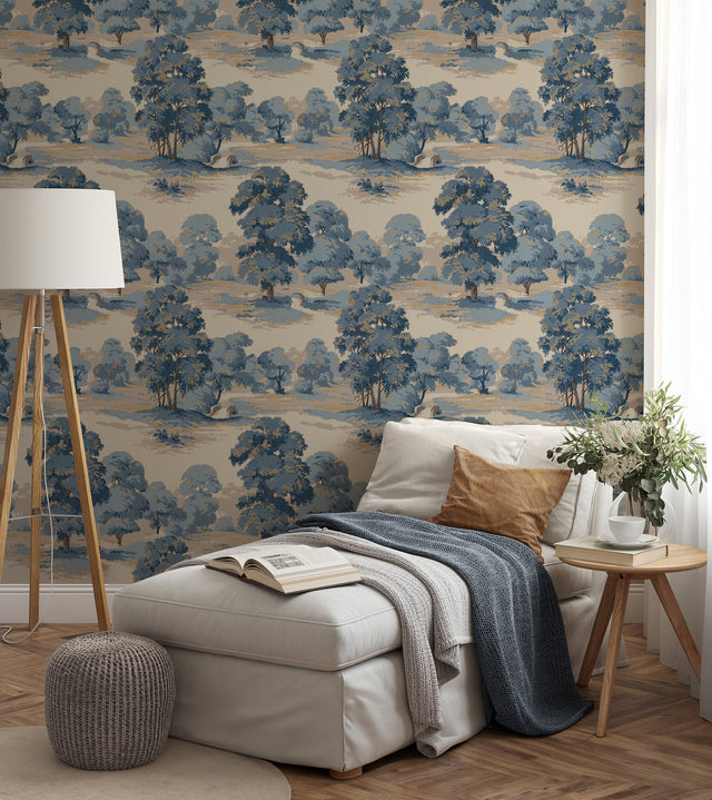 Sherwood Blue Glade Wallpaper with Traditional Botanical Trees Pattern - Advantage 4164-M1830