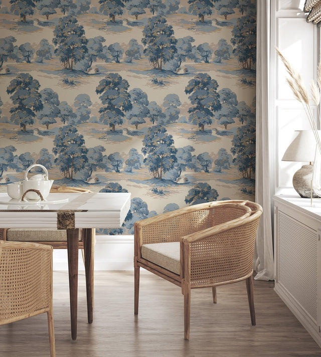Sherwood Blue Glade Wallpaper with Traditional Botanical Trees Pattern - Advantage 4164-M1830