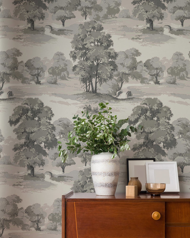 Sherwood Grey Glade Wallpaper with Traditional Botanical Trees Motif - Advantage 4164-M1831