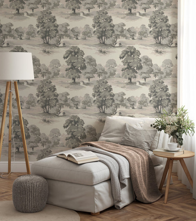 Sherwood Grey Glade Wallpaper with Traditional Botanical Trees Motif - Advantage 4164-M1831