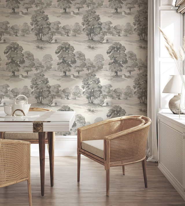Sherwood Grey Glade Wallpaper with Traditional Botanical Trees Motif - Advantage 4164-M1831