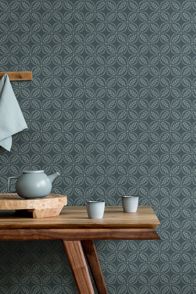 Morgrove Blue Trellis Wallpaper with Botanical Geometric Motif - Advantage 4164-M1834
