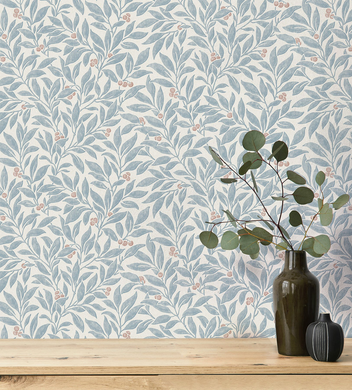 Winter Berry Blue Vine Wallpaper with Textured Botanical Farmhouse Style - Advantage 4164-M1841