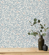 Winter Berry Blue Vine Wallpaper with Textured Botanical Farmhouse Style - Advantage 4164-M1841
