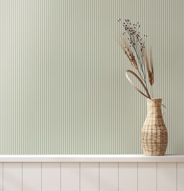 Ticking Light Green Stripe Wallpaper with Traditional Stripes Pattern, Textured Non Woven, Paste the Wall - Advantage 4164-M1846