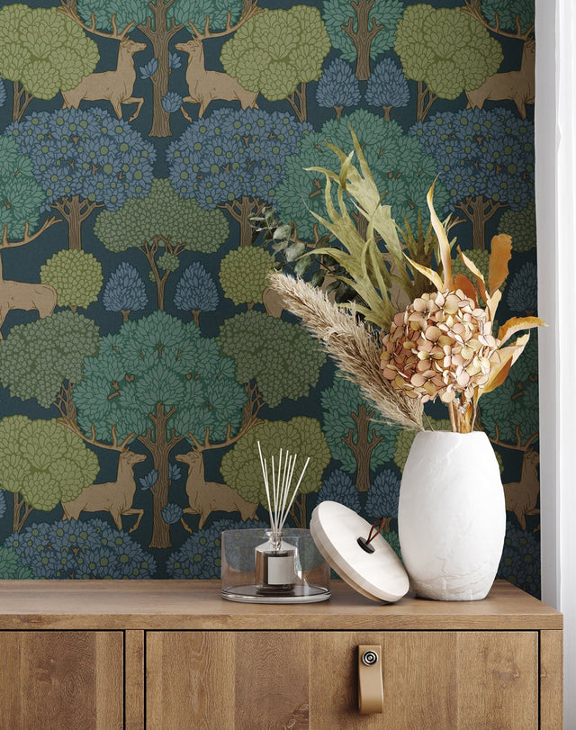 Forest of Arden Blue Deer Wallpaper with Textured Non Woven Masculine Animals Pattern - Advantage 4164-M1850