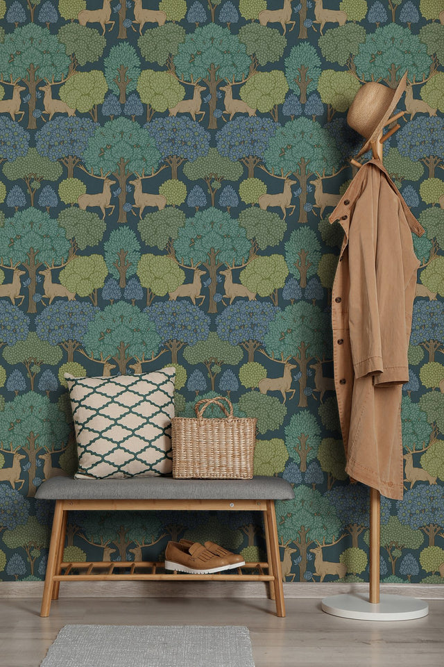 Forest of Arden Blue Deer Wallpaper with Textured Non Woven Masculine Animals Pattern - Advantage 4164-M1850