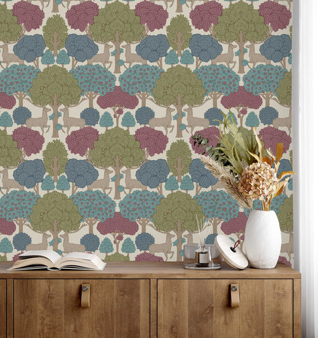 Forest of Arden Merlot Deer Wallpaper with Textured Non Woven Woodland Pattern - Advantage 4164-M1852
