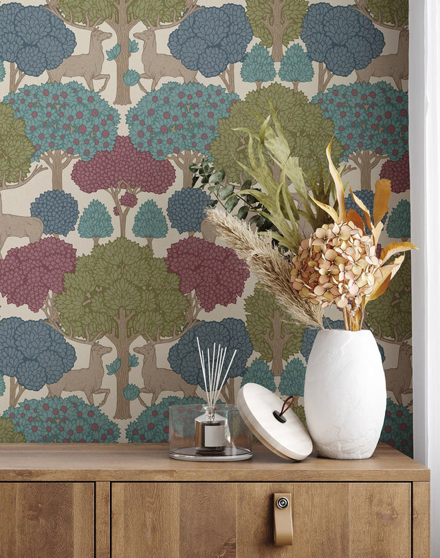 Forest of Arden Merlot Deer Wallpaper with Textured Non Woven Woodland Pattern - Advantage 4164-M1852