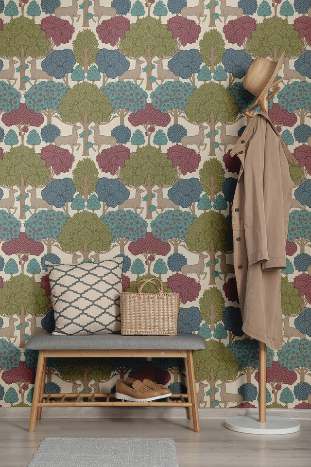 Forest of Arden Merlot Deer Wallpaper with Textured Non Woven Woodland Pattern - Advantage 4164-M1852