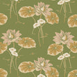 Haga Leaf wallpaper by Boråstapeter for Schumacher, featuring floating water lilies and curvilinear leaves in green and gold tones.