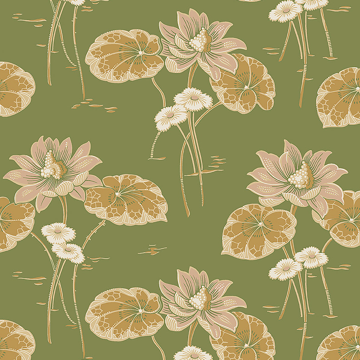 Haga Leaf wallpaper by Boråstapeter for Schumacher, featuring floating water lilies and curvilinear leaves in green and gold tones.