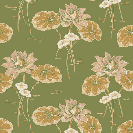 Haga Leaf wallpaper by Boråstapeter for Schumacher, featuring floating water lilies and curvilinear leaves in green and gold tones.
