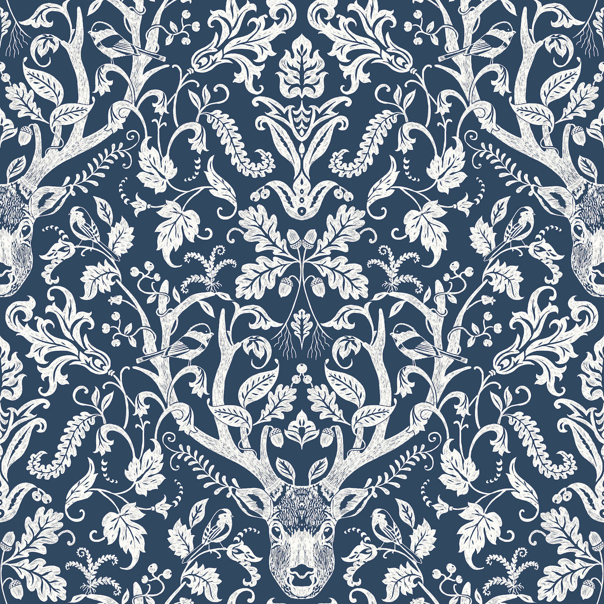 Kiwassa Navy Antler Damask Wallpaper by Chesapeake