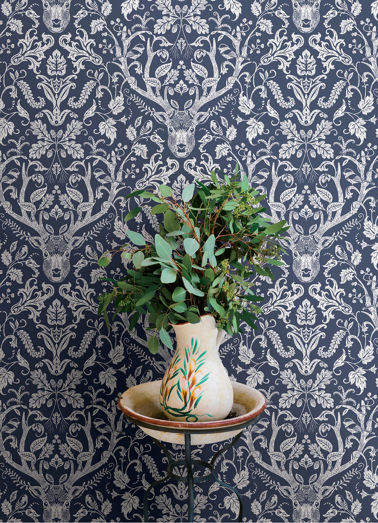 Kiwassa Navy by Chesapeake Antler Damask Wallpaper – Brewster 4169-12703