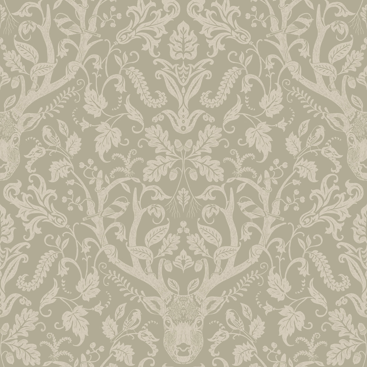 Kiwassa Sage antler damask wallpaper in cream on a sage green background showing deer, birds, and foliage motif.