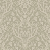 Kiwassa Sage antler damask wallpaper in cream on a sage green background showing deer, birds, and foliage motif.