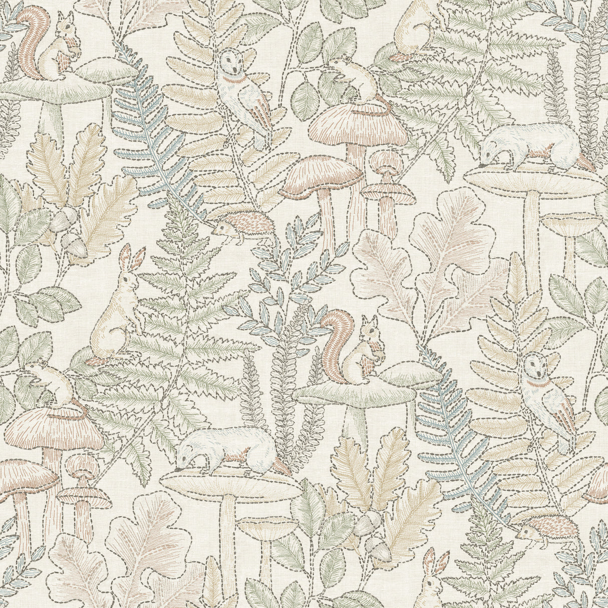 Chesapeake Holt Pastel Woodland Wallpaper pattern with animals and foliage in soft pastels