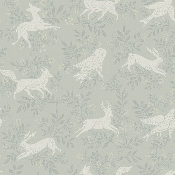 Chesapeake Revelry Sage Forest Frolic Wallpaper in sage with woodland animals