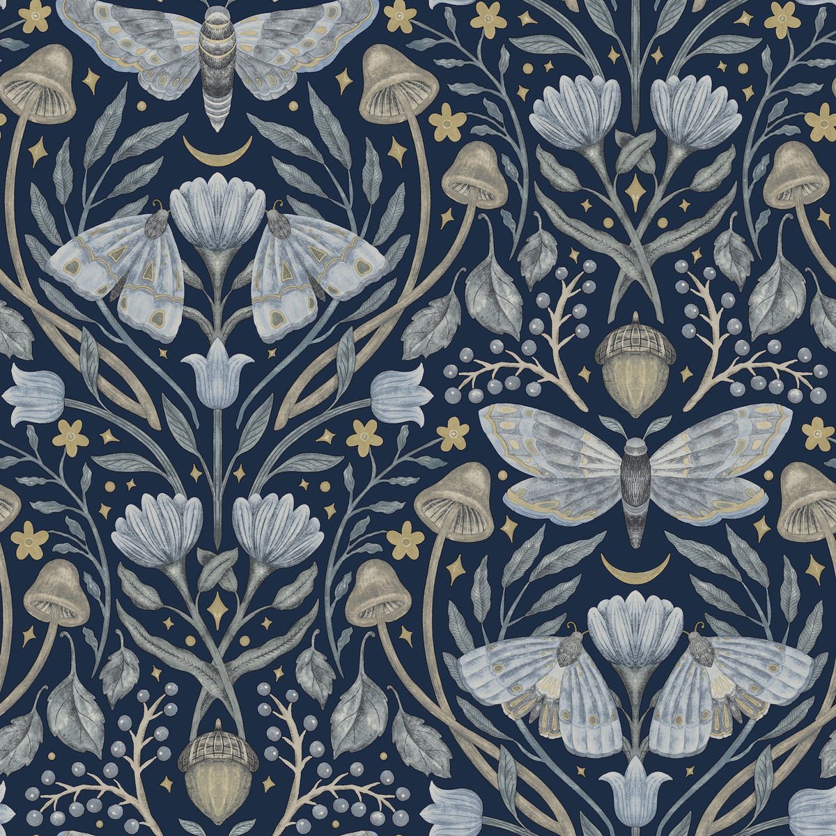 Mystic Moth Navy by Chesapeake Forest Magic Moth Floral and Acorn Woodland Damask Wallpaper – Brewster Home Fashions 4169-83118-Sample