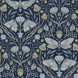 Mystic Moth Navy by Chesapeake Forest Magic Moth Floral and Acorn Woodland Damask Wallpaper – Brewster Home Fashions 4169-83118-Sample