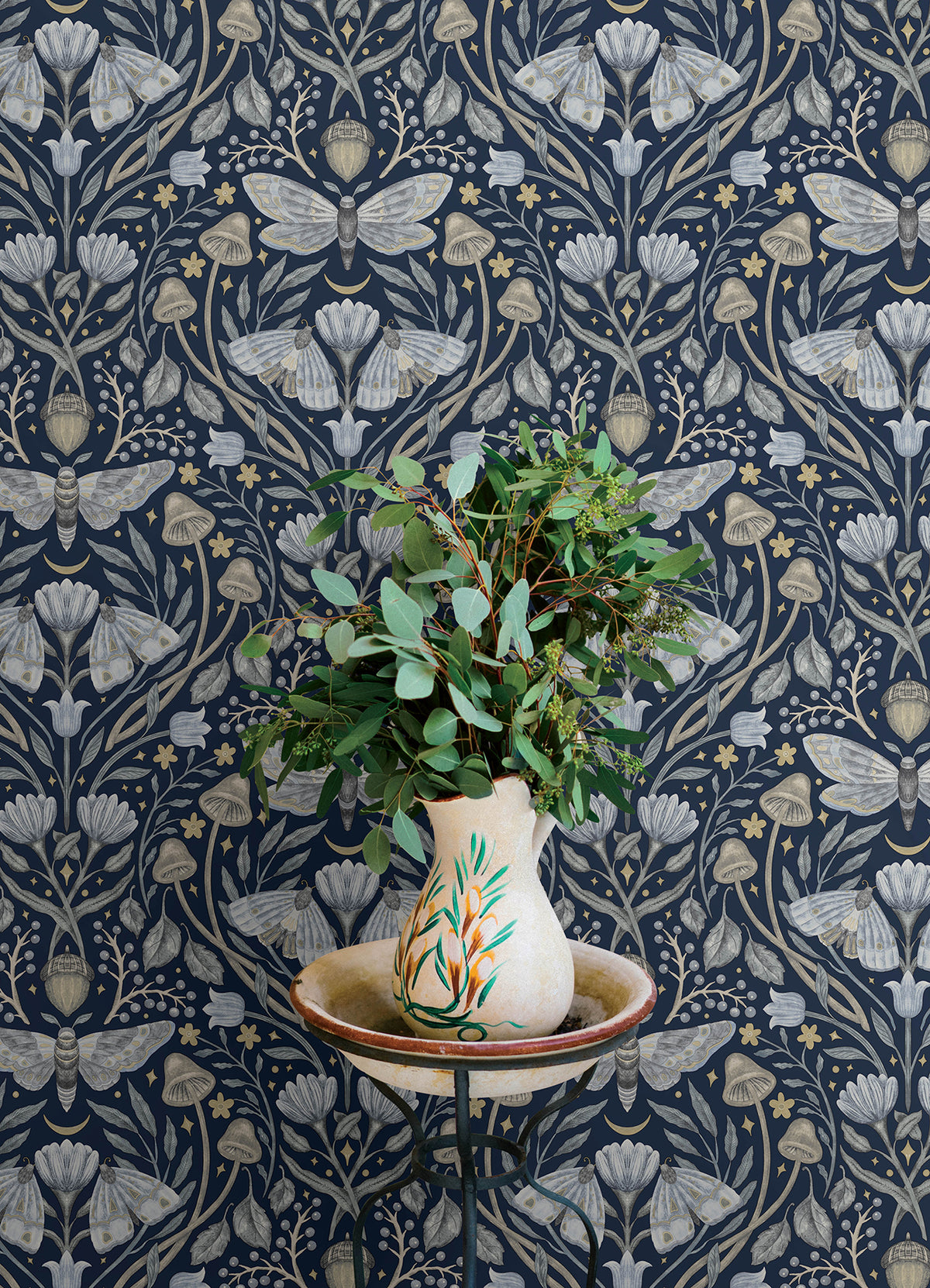Mystic Moth Navy by Chesapeake Forest Magic Moth Floral and Acorn Woodland Damask Wallpaper – Brewster Home Fashions 4169-83118-Sample